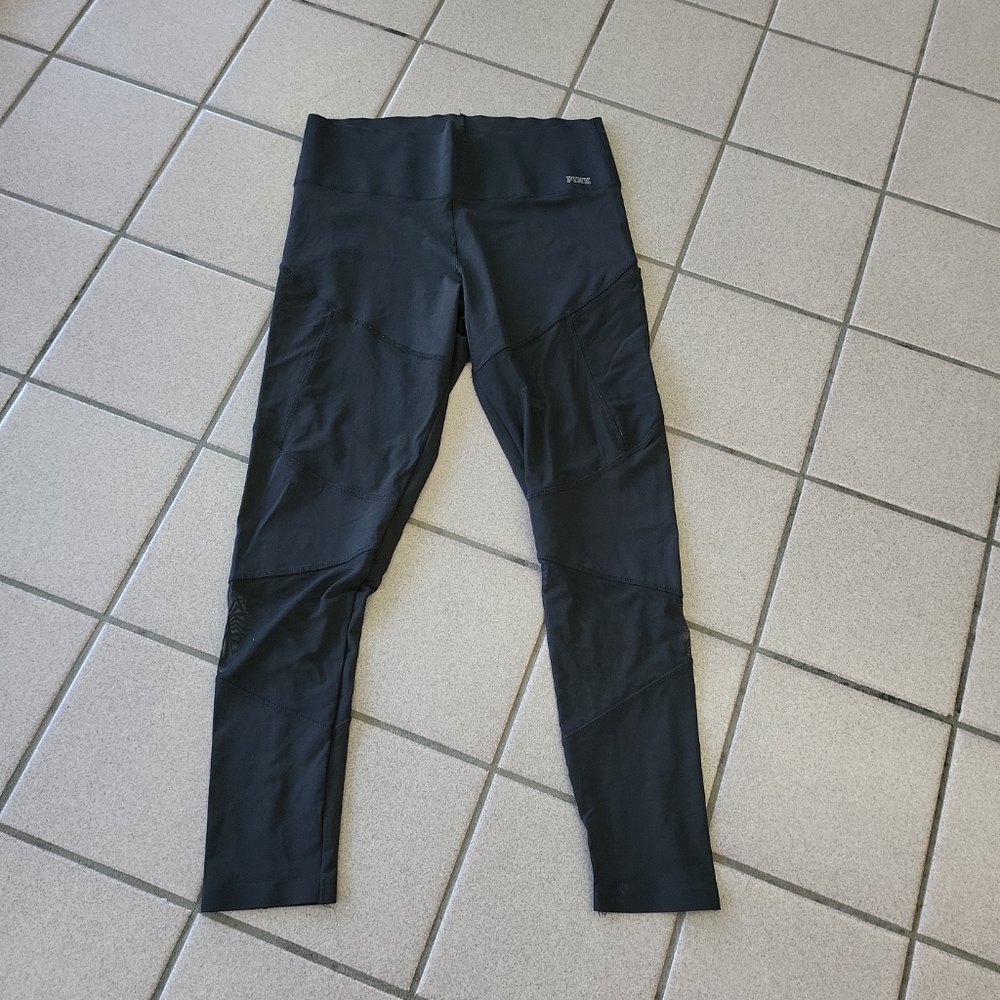Women's Large PINK Victoria's Secret Black Bonded Leggings Athletic Pants